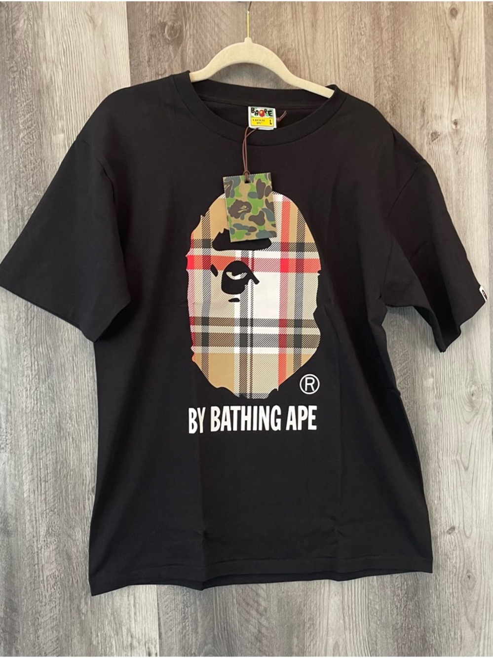 BAPE A Bathing Ape T Shirt Mens L Black Plaid Camo Head Logo Tee New With Tags